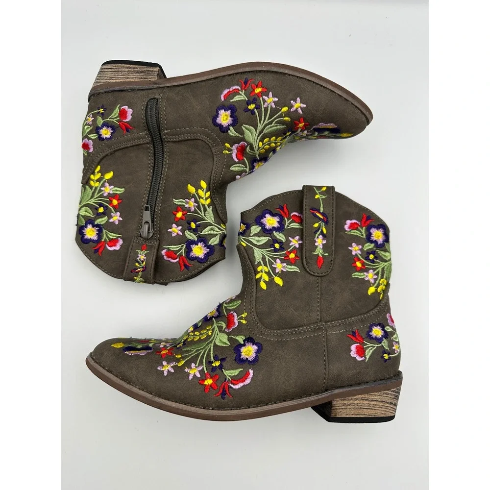Betseyville Reece Floral Embroidered Cowboy Boots Youth Girls Sz 3 Stone Vibrant